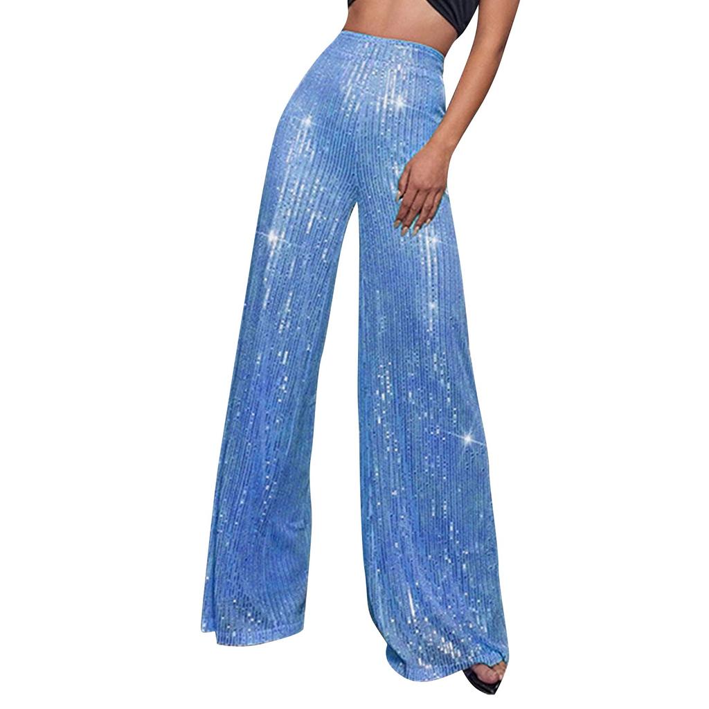 Women's Fashion Solid Color High Waist Sequin Side Zipper Draped Wide Leg Pants