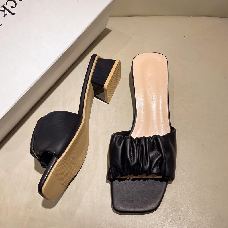 Новые летние женские тапочки, сандалии, женские мягкие удобные плиссированные сексуальные сандалии на толстом высоком каблуке, сандалии на высоком каблуке