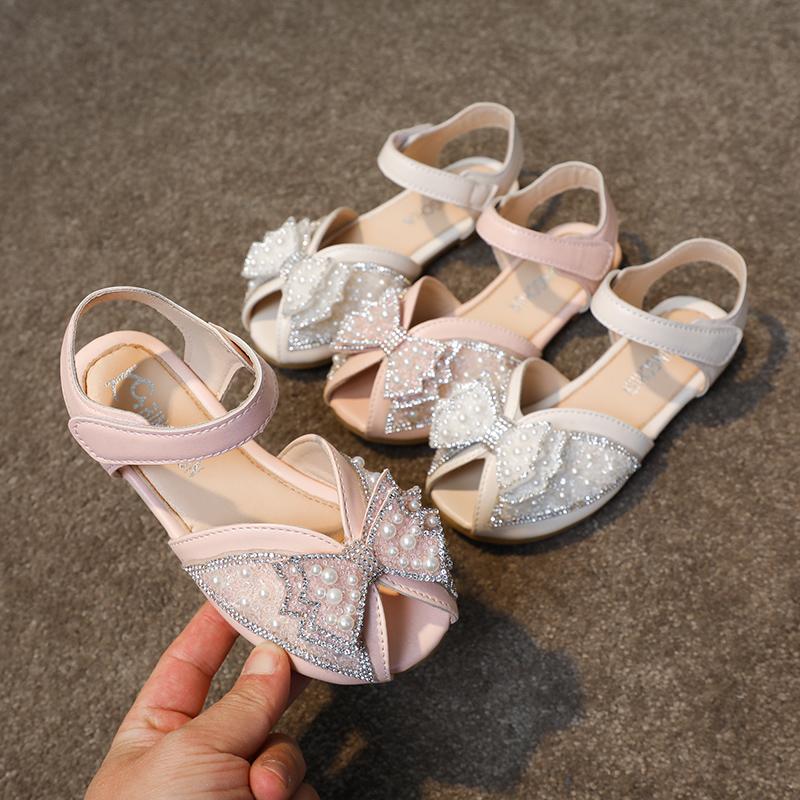 Girls Princess Sandals Peep Toe Kids Toddlers Elegant Rhinestone Sandals Fashion Children Pearls Performance Shoes with Bow-knot
