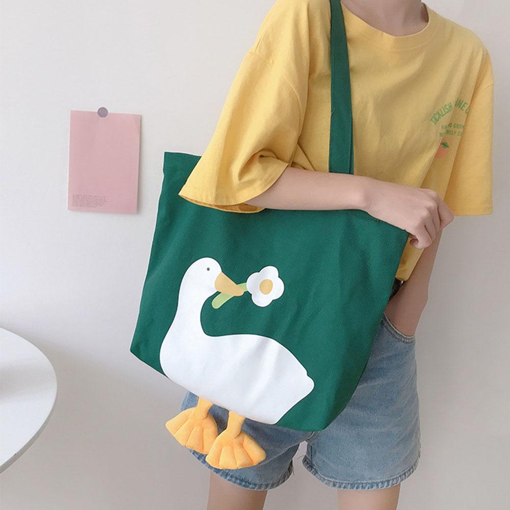Eco Cute Duck Tote Bag Canvas Duck Embroidery Crossbody Bag Fashion Large-Capacity Shopping Bag