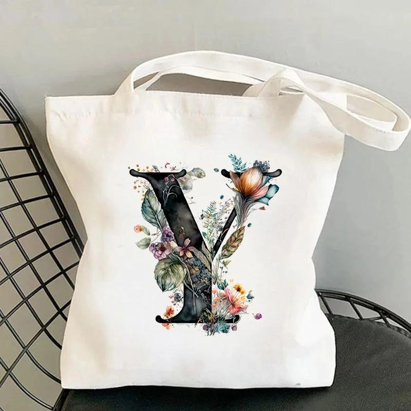 26 Черных Холщовых Сумок-Тоут с Цветами Алфавита для Женщин, Большой Вместимости, Повседневная Новая Сумка для Шопинга с Принтом, Многоразовая Эко-Сумка, Большая