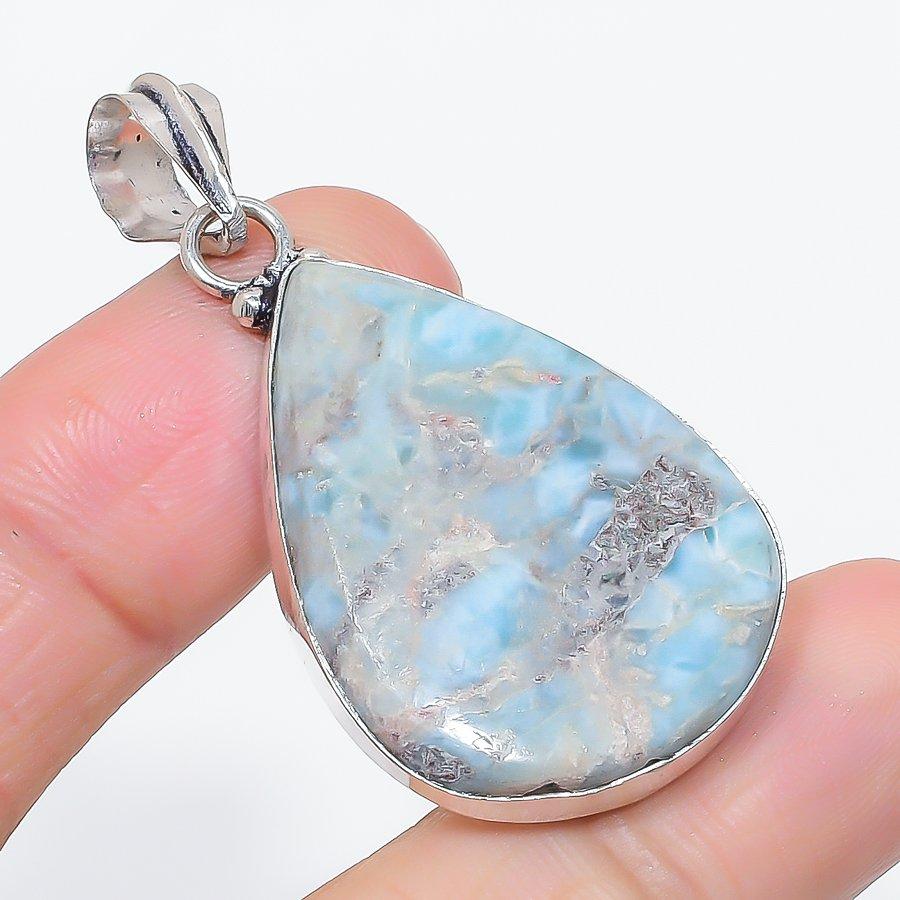 Natural Larimar Gemstone Handmade 925 Sterling Silver Jewelry Pendant 2.05" o2Q12