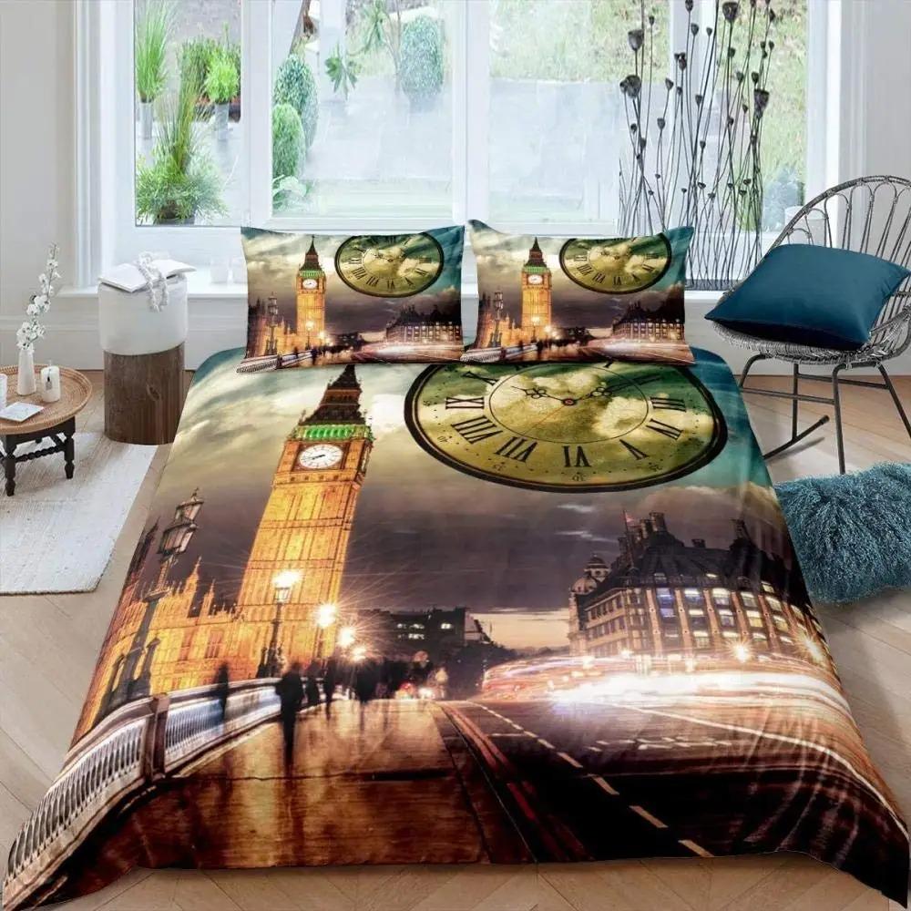 Big Ben Comforter Cover Boys Famous Telephone Booth Bedding Set For Teens Retro London Cityscape Duvet Cover Set With Pillowcase