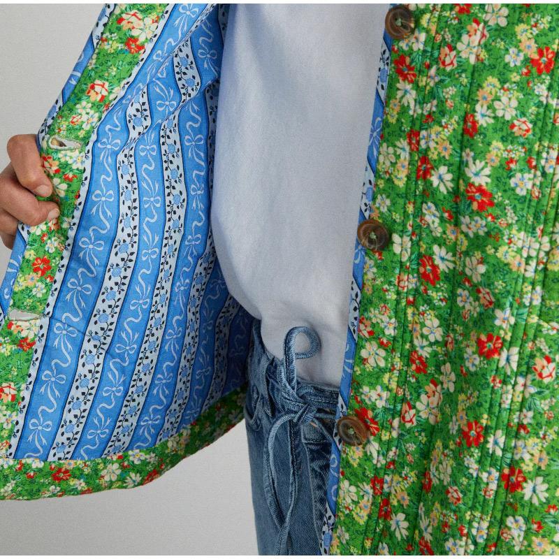 New Floral Printed Long Sleeve Jacket Women Round Neck Contrasting Colors Button Pockets Clothing Ethnic Harajuku Vintage Quilted Cotton Coats