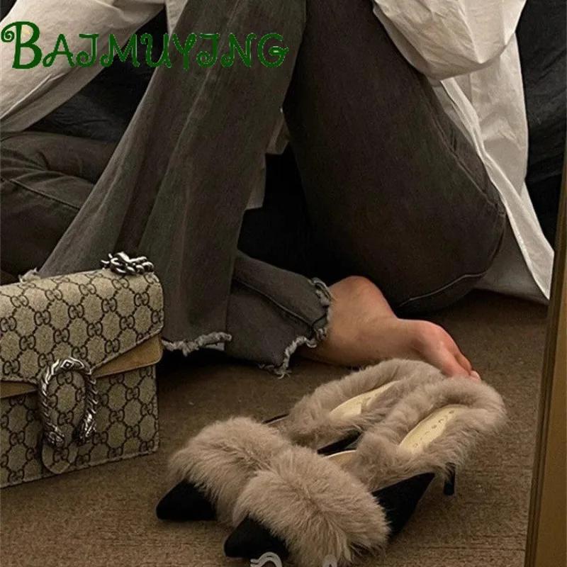Роскошные меховые женские тапочки, остроносые туфли-мюли, сексуальные туфли на тонком высоком каблуке для вечеринок, зимние меховые теплые шлепанцы, замшевые туфли-лодочки Botas Mujer