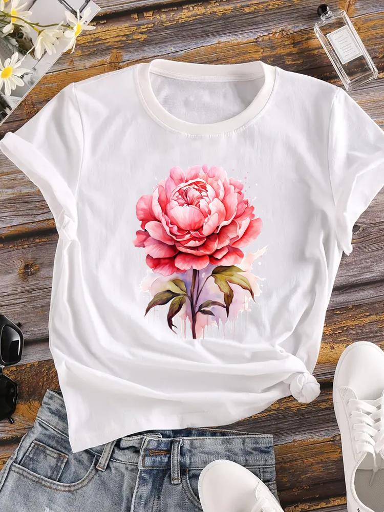 (Asian Size) Lovely Flower Trend Cute Short Sleeve T Shirt Casual Tee Top Fashion Women Clothing Printed O-neck Ladies Female Graphic T-shirts