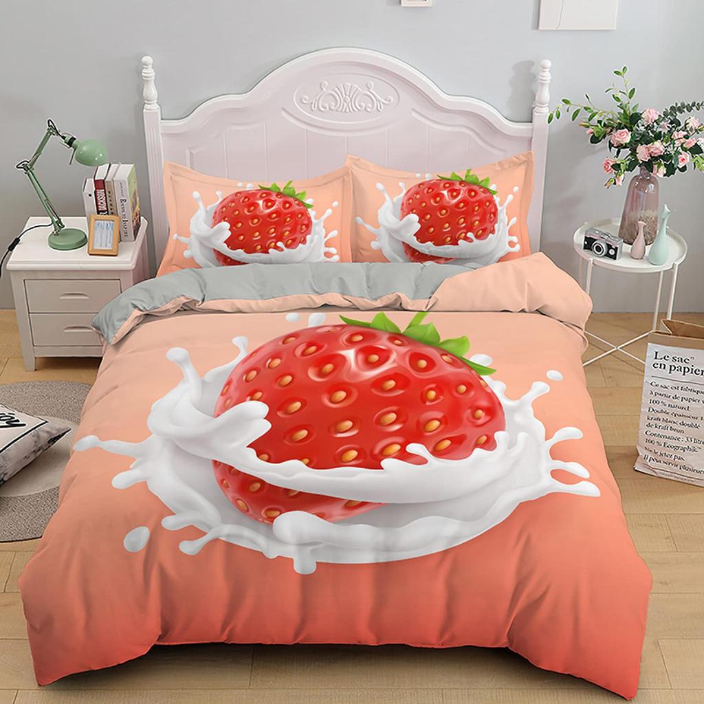 Постельное белье с клубникой для девочек, пододеяльник с сладкой клубникой для детей, розовый, милый мультфильм, фруктовая еда, девичий белый цветочный декор для комнаты