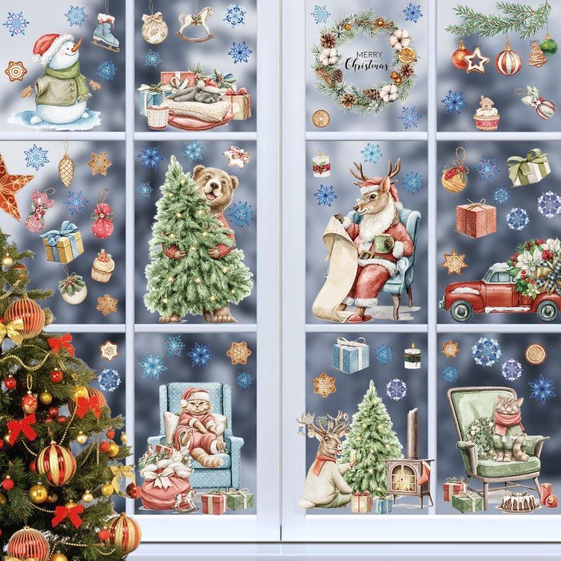 2026 Christmas Static Cling Window Stickers Watercolor Animal Cat Designs for Glass Door & Window Decoration Self-Adhesive