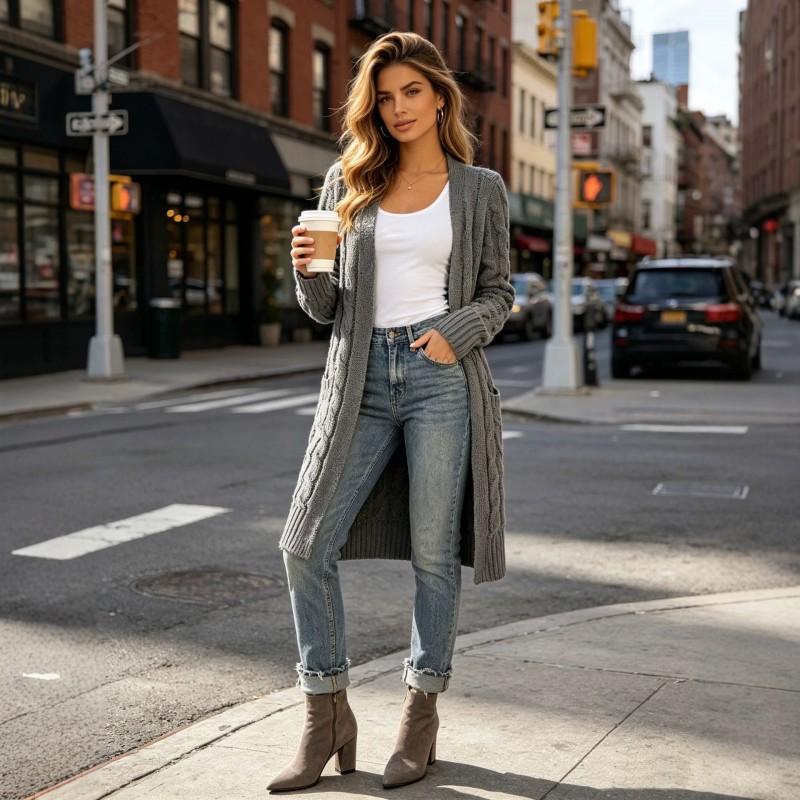 Womens Loose Knit Cardigan Plus Size Mid-Long Sweater Coat Winter