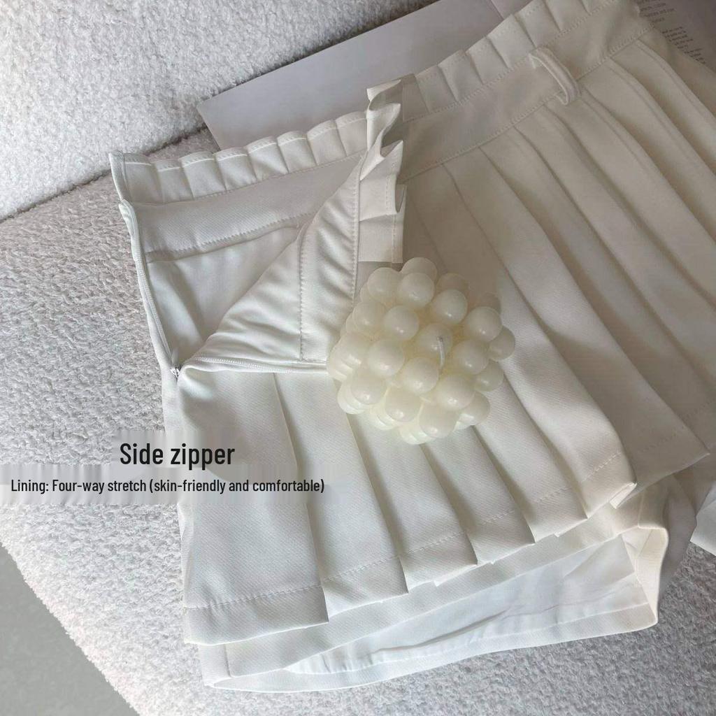 High-Waisted Pleated Mini Skirt - White A-Line, Anti-Exposure, Slimming College Style