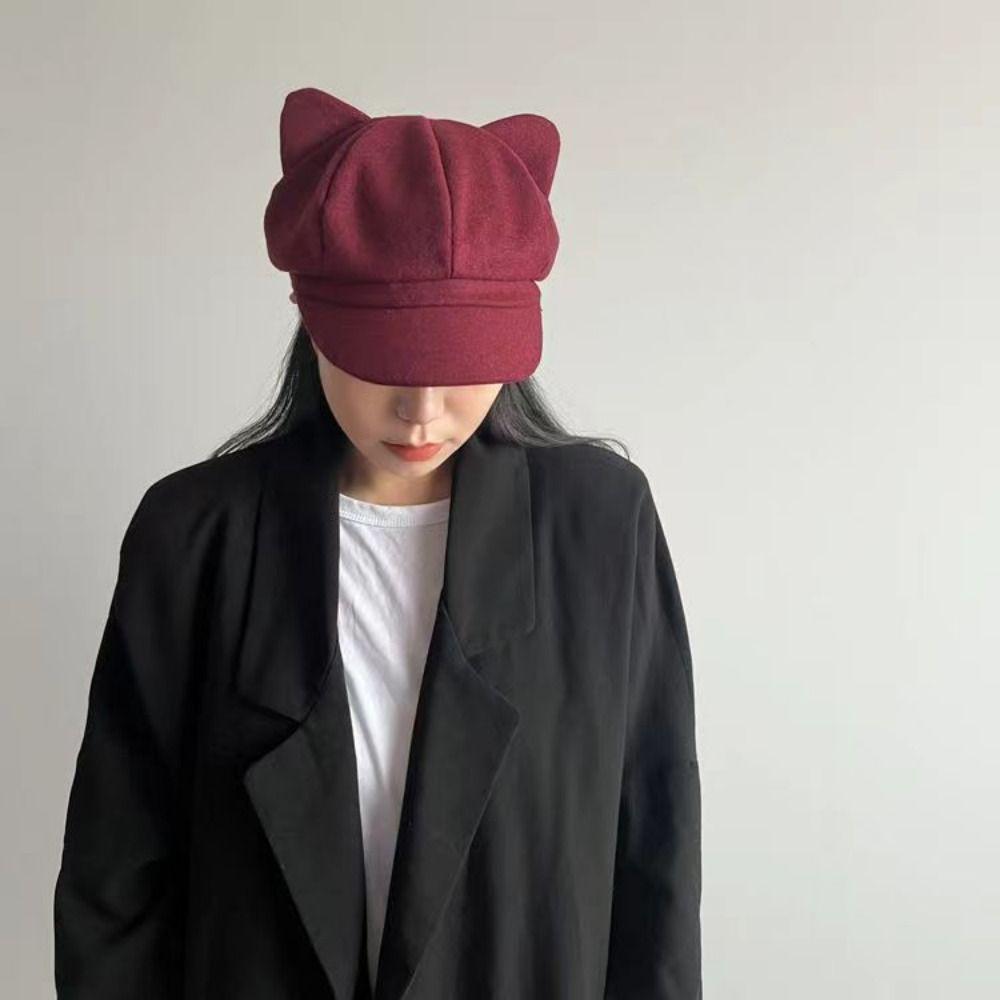 Cute Cat Ears British Beret Hat Solid Color Unisex Octagonal Cap Fashion Cat Ear Hat  for Women