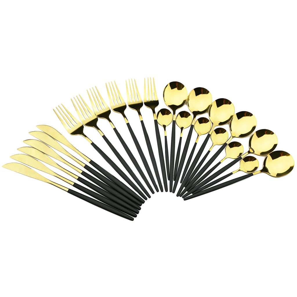 24pcs Black Gold Cutlery Set Mirror Stainless Steel Dinnerware Set Knife Fork Spoon Tableware Flatware Set Dishwasher Safe Kitchen Wedding Accessories