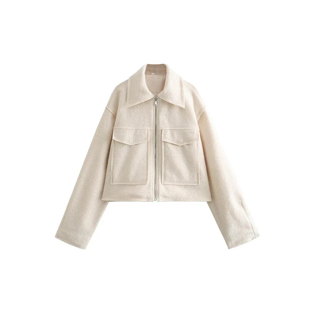 Fall/Winter Chic Street Coat for Casual Women with Pocket Front Zipper Vintage Lapel Bomber Jacket with Long Sleeves