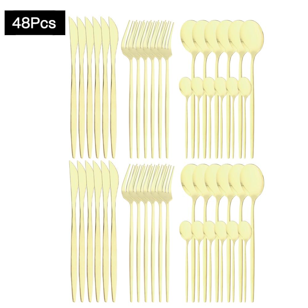 48Pcs Gold Mirror Polishing Cutlery Set Stainless Steel Dinnerware Tableware Knife Fork Spoon Coffee Spoon Flatware Home Party