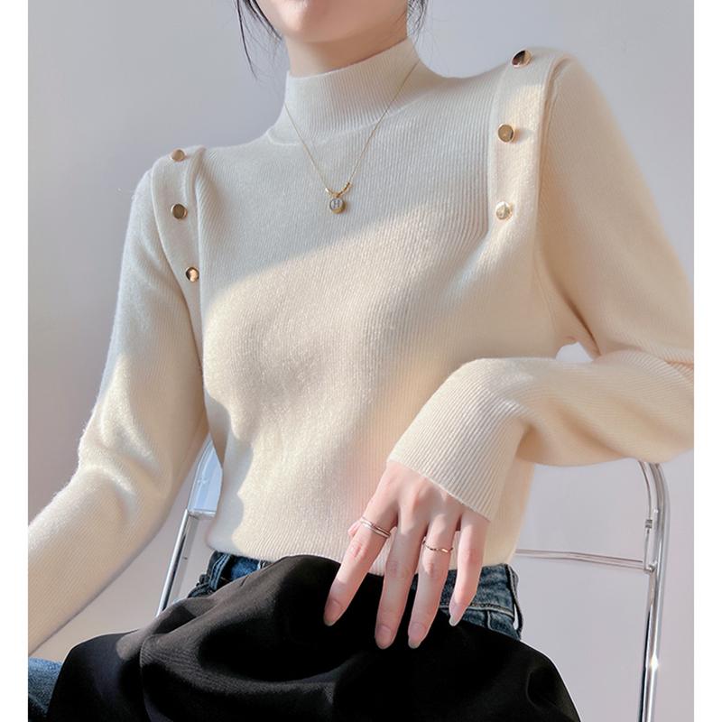 Модный элегантный однотонный вязаный свитер с полувысоким воротом для женщин, осенний повседневный облегающий свитер с длинным рукавом для женщин, топы, зимние теплые базовые трикотажные изделия 24880