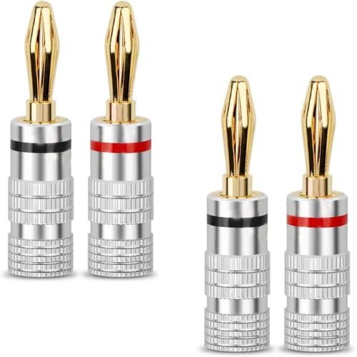 Set of 4 Banana Plug Speaker Cable Connectors with Aluminum Housings, Pure Copper Plated, Easy Installation, Screw-In Type, Solderless Terminals, Spea