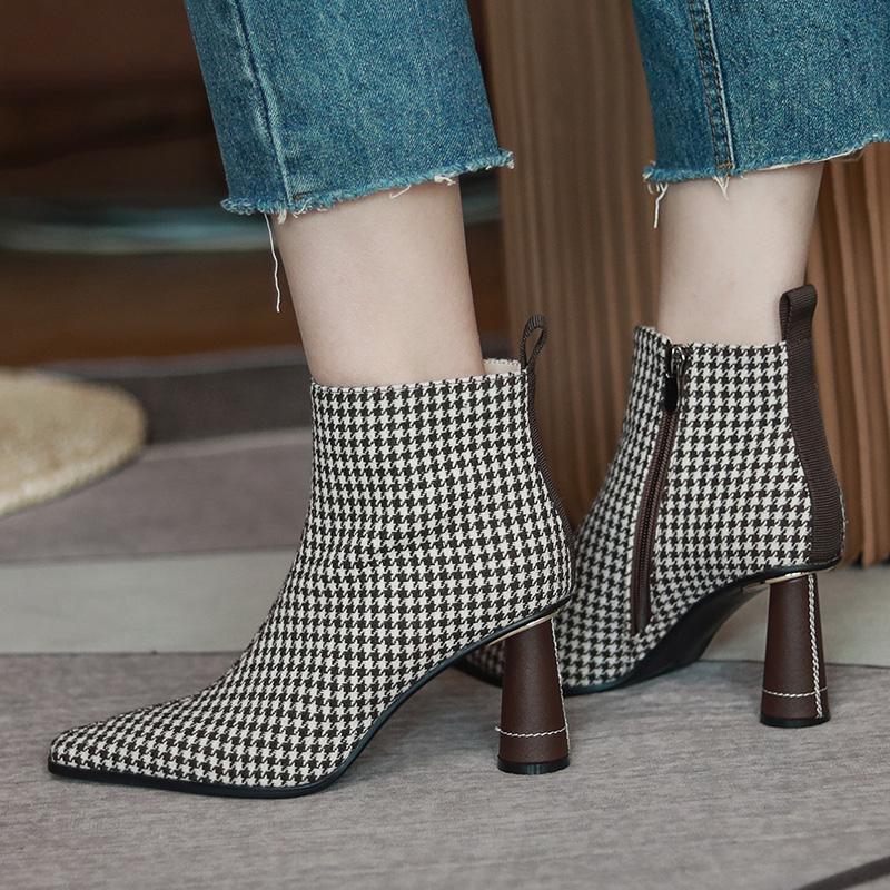 Ankle Boots Women's Sexy Strange Style 2024 Autumn New Shoes Woman Shoes High Heels Retro Gingham Modern Boots Pointed Toe Shoes