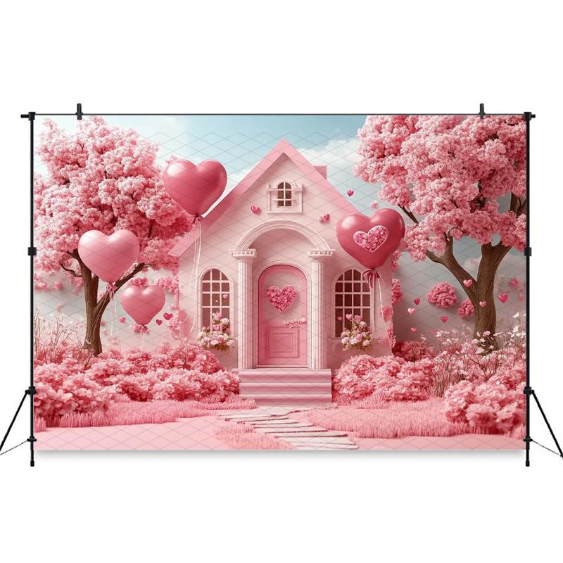 Mocsicka Valentine's Day Photo Backdrop Pink House Tree Balloons Flowers Wallpaper Decorations Wedding Backgrounds Studio Banner