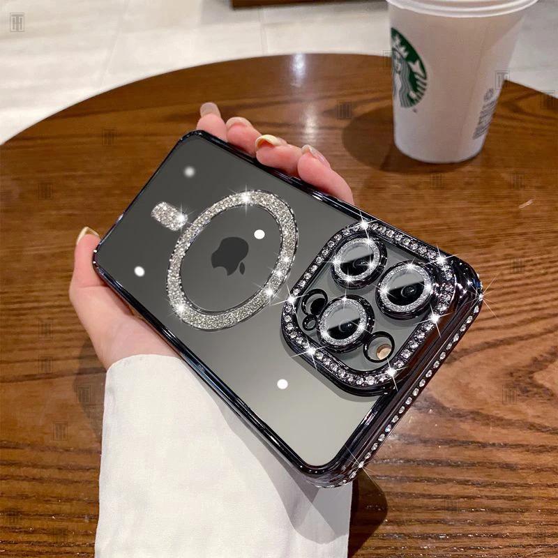 High-grade Glitter Rhinestones Phone Case For iPhone 16 15 11 12 13 14 Pro Max 16 Plus Magsafe Magnetic Clear Lens Protect Cover