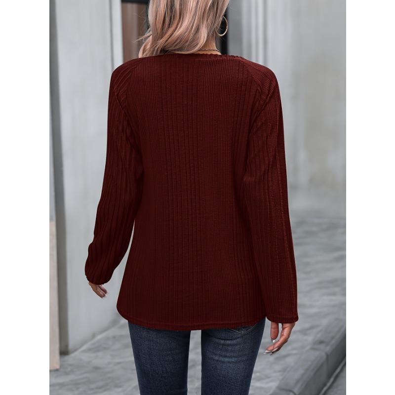 Autumn and Winter Women's Pit Stripe Milled Round Neck Solid Colour Button Long Sleeve Top