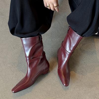 Мода 2025 Новинка Осенне-зимние ботильоны из овчины ручной работы с квадратным носком и толстым средним каблуком Модные офисные туфли для платья Женская обувь