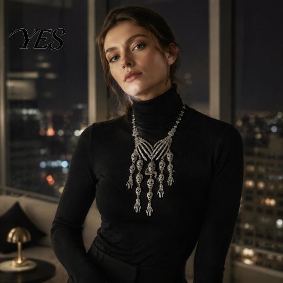 Dark Academia Style Accessory Skeleton Hand Skull Necklace, Gothic Choker Vintage Unique Charm Jewelry Punk for Women Halloween Outfit, Goth-Themed