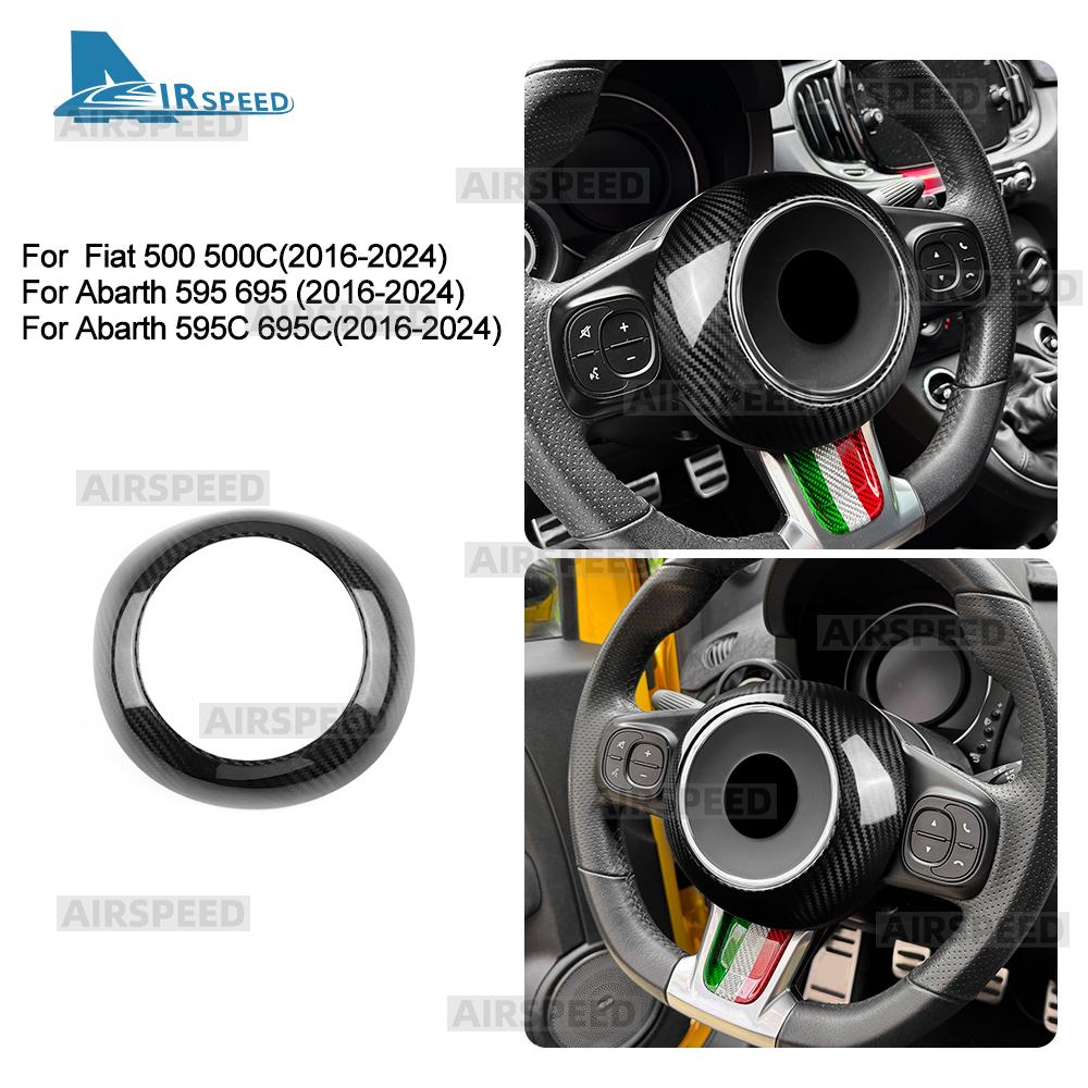 Real Dry Hard Carbon Fiber Car Steering Wheel Center Sticker For Fiat 500 500C Abarth 595 595C 695 695C 2016-2021 2022 2023 2024