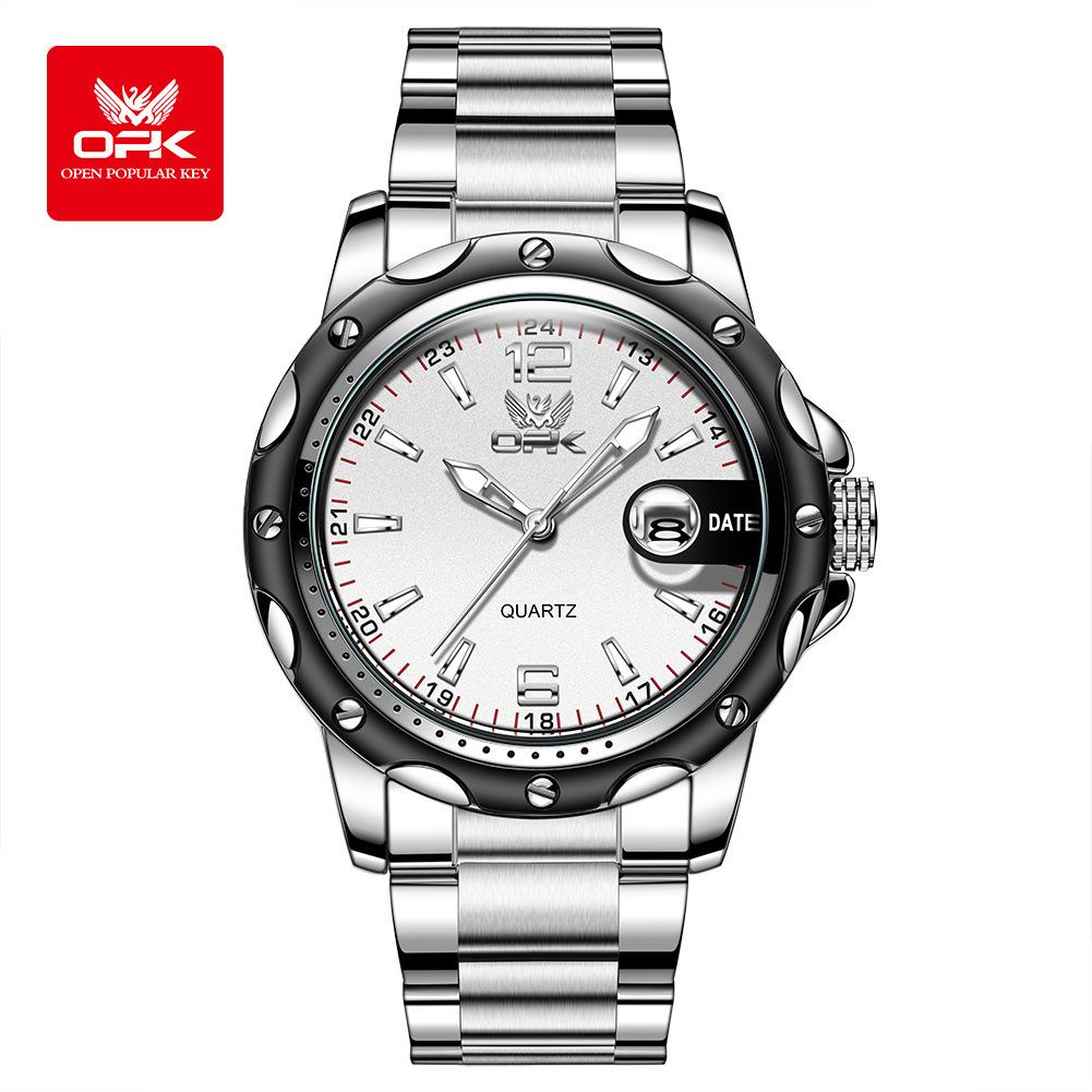 OPK Brand Magnifying Glass Calendar Luminous Men's Steel Belt Sports Watch