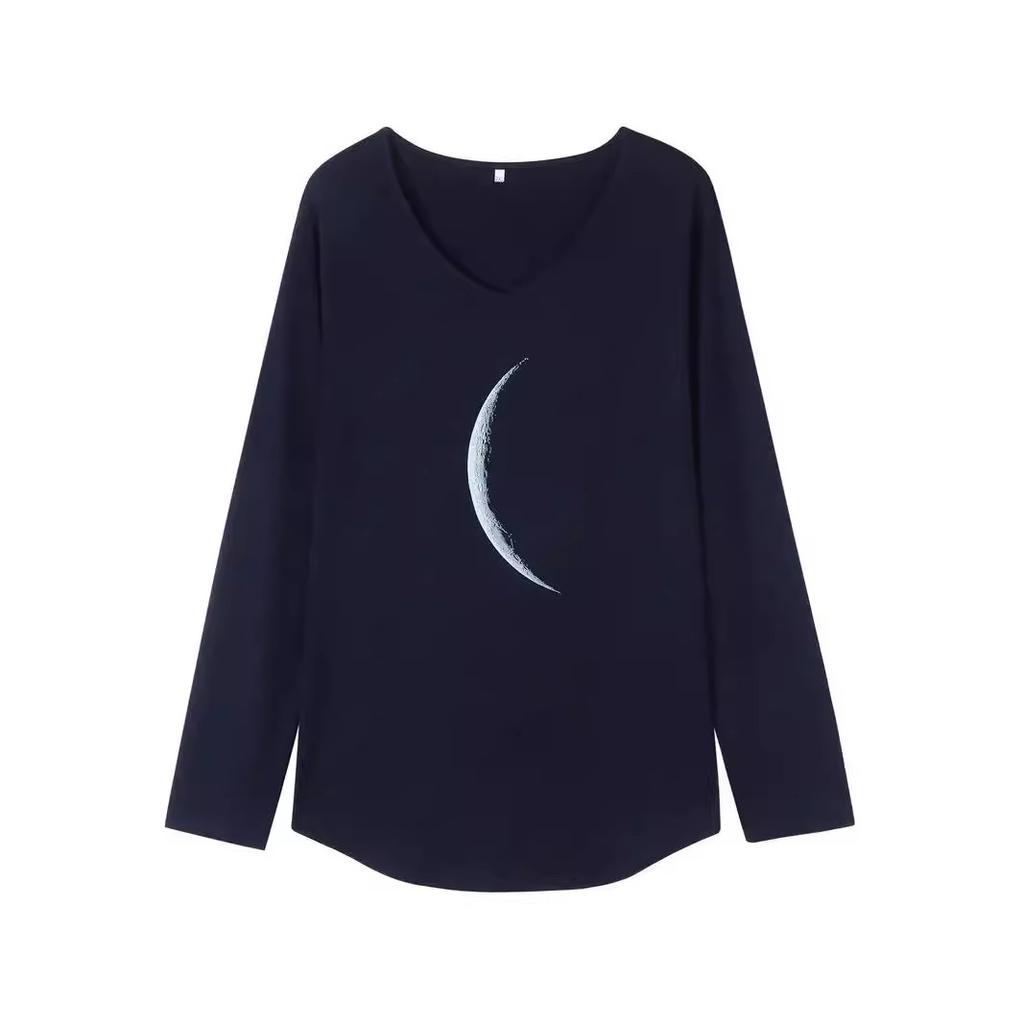 Animal Letters Feather Moon Printed 3D T Shirts Plus Size Black Tees Women Fashion V Neck Long Sleeve T Shirt