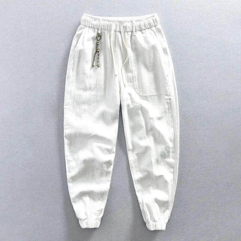 Spring and Summer Cotton Linens Pants for Men Streetwear Casual Cargo Pants Solid Ankle-Tied Drawstring Elastic Waist Men Trousers Japanese Loose Pant