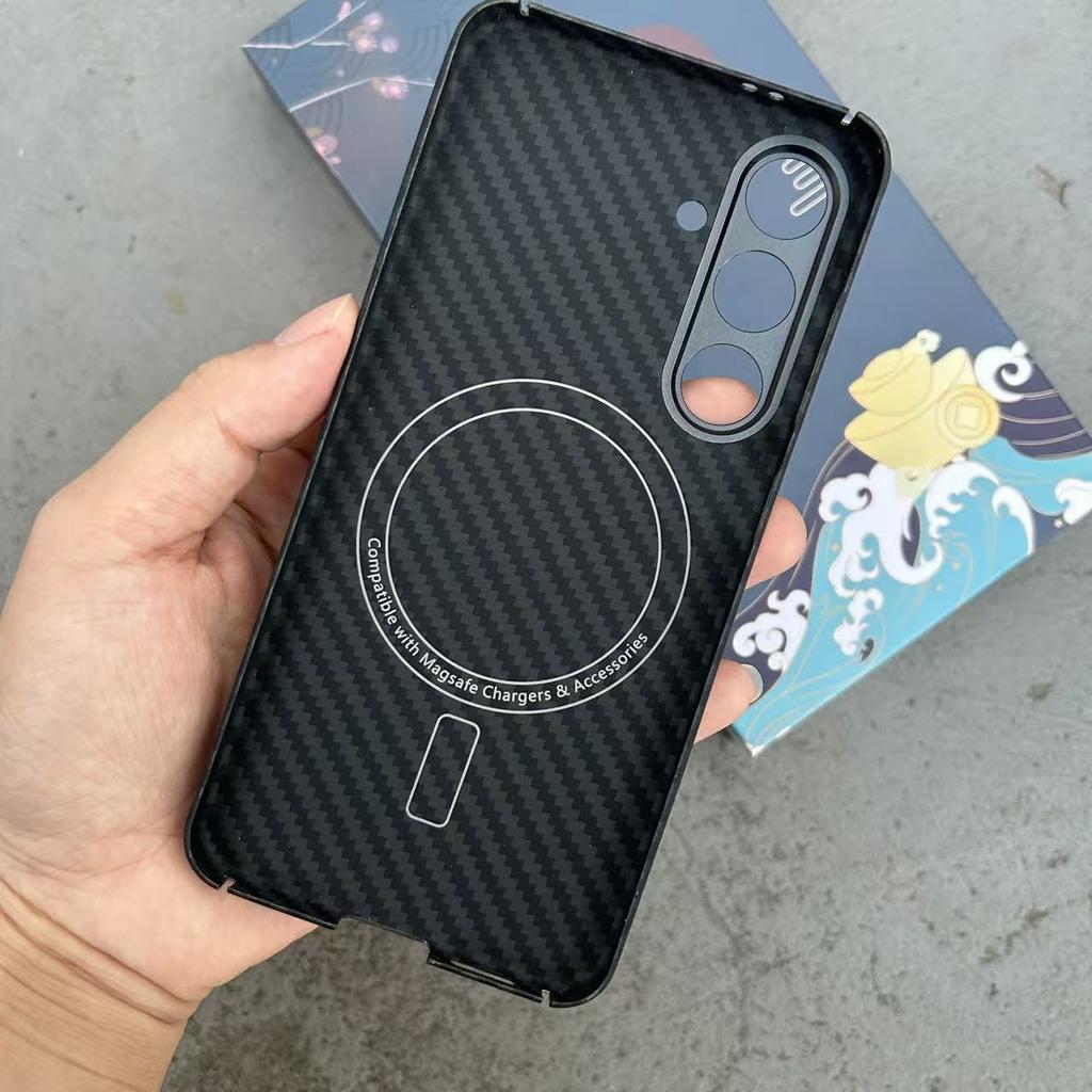 Магнитный Чехол из Углеродного Волокна для Samsung Galaxy S25 Ultra S22 S23 S24 Plus Арамидное Волокно Металлическое Кольцо для Камеры Крышка Поддержка Magsafe