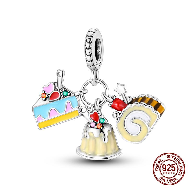 Real 925 Sterling Silver Chocolate Pizza Cake Fries Food Charms Beads Fit 925 Original Bracelets DIY Cute Jewelry Gifts