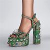 FOREADA Women Sandals Round Toe Thick High Heels Buckle Bead Flower Platform Sexy Design Ladies Fashion Shoes Summer Green 43