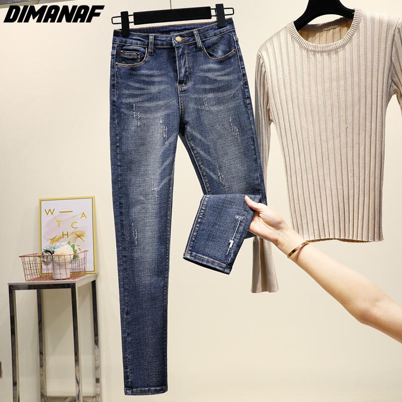 Dimanaf Plus Size Women Jeans Solid Pants Denim Autumn Female Elastic Basic Blue High Waist Trousers Oversize Fashion New Pants 4XL 5XL
