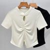 Новая китайская футболка с короткими рукавами для женщин, новая женская футболка с воротником-стойкой, пуговицами, плиссированная, облегающая талию, короткая футболка