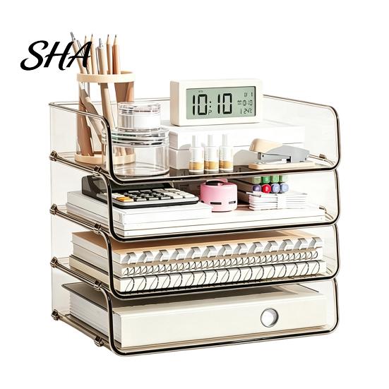 Desk Space Saving Box Clear Acrylic File Organizer Tray, 1/2/3/4/5 Tier Paper Ducument Compact Storage Box, Stackable Office Supplies Rack Desktop