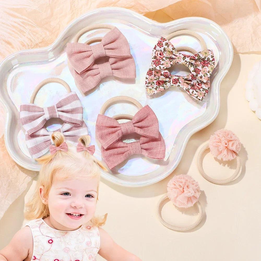 10 шт./набор Мультяшные повязки на голову с бантом и цветком для детей, девочек, милые резинки для волос, модные эластичные резинки, веревки для волос, аксессуары для волос
