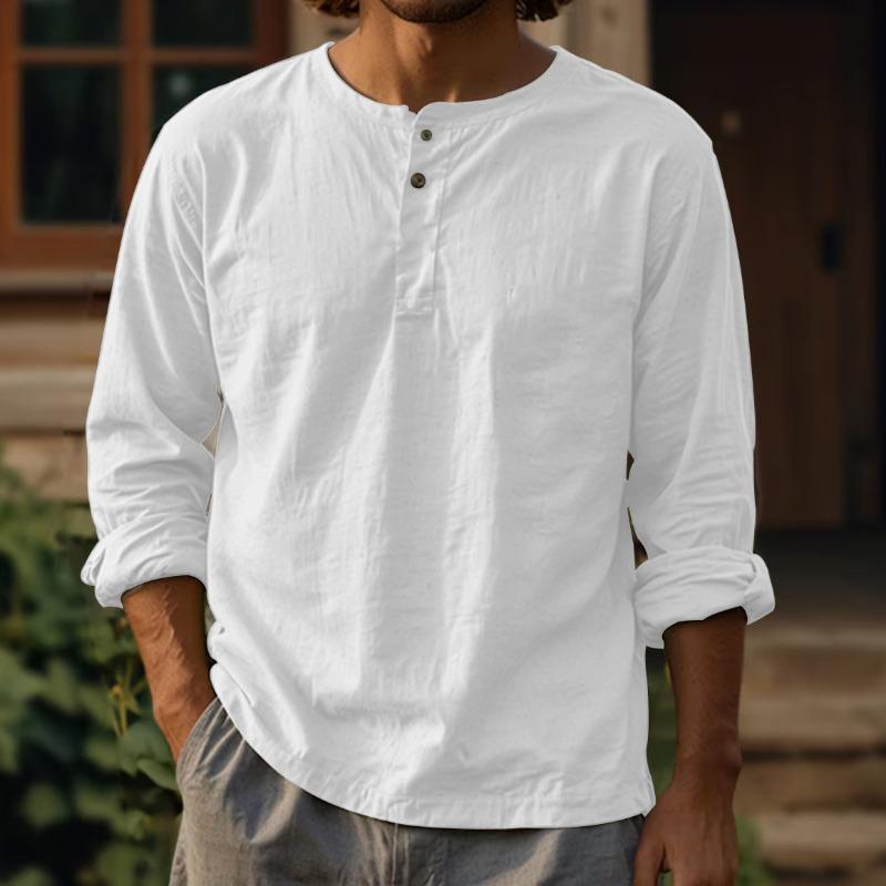 Мужская новая хлопково-льняная однотонная рубашка с длинным рукавом, футболка, круглый вырез, перекрестная застежка на пуговицы, две пуговицы, лен