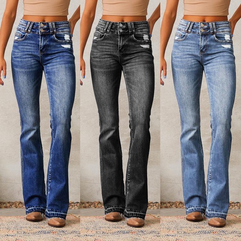 Spring Women's Washed Street Micro Raglan Vintage Hole Breaking Long Jeans