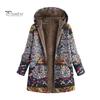 Women Winter Coat Retro Floral Print Hooded Thick Plush Zip-up Heat Retention Long Sleeves Mid Length Pockets Leisure Daily Wear Jacket