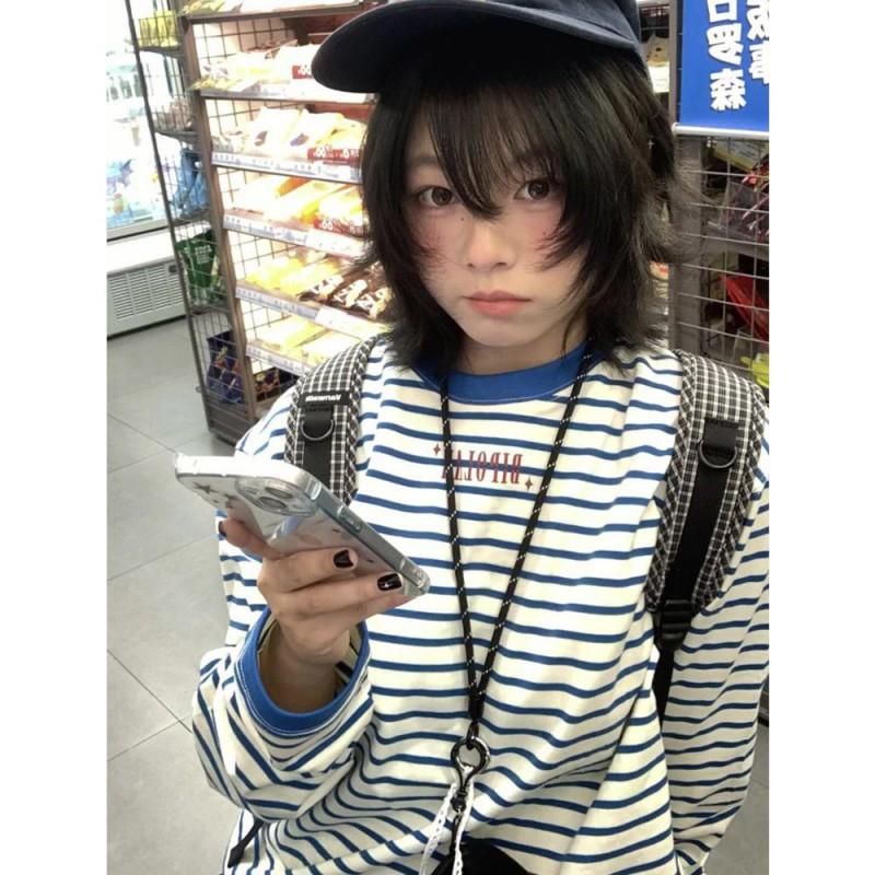 Womens Retro Blue Striped Long Sleeve T-Shirt Loose Chic Fall Base Top Casual Round Neck