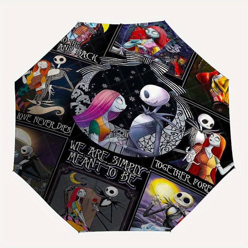 Romantic Jack and Sally Durable Cartoon Folding Umbrella, Portable 3-Fold Compact Umbrella for Men and Women, Suitable for Travel or Daily U