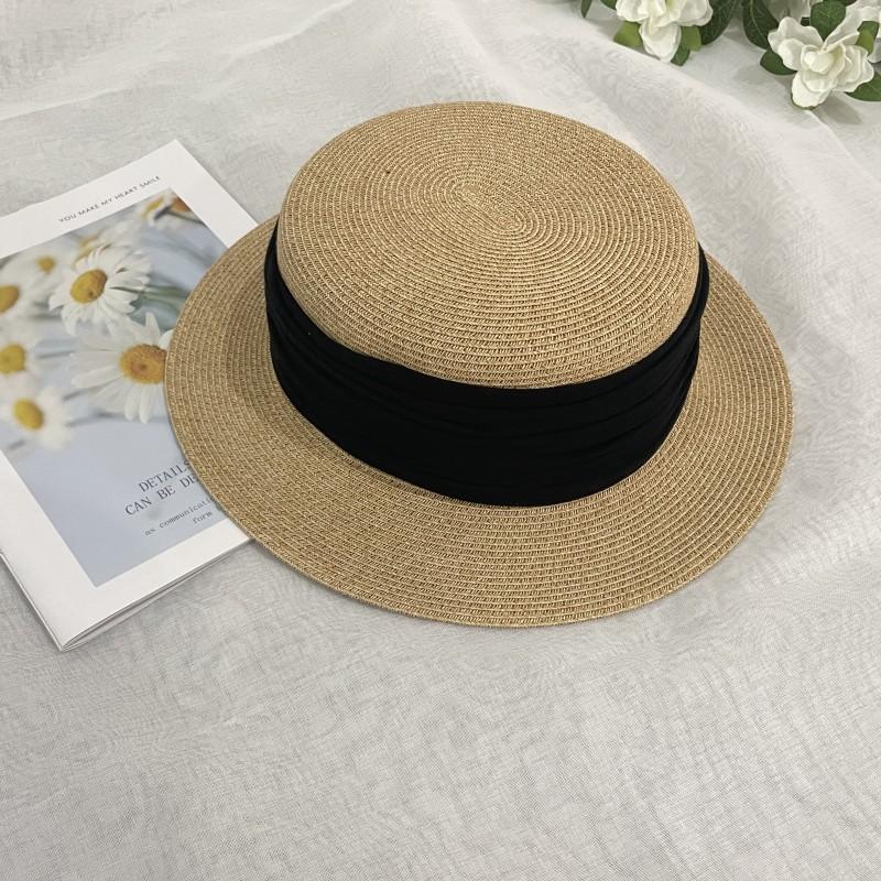 British retro straw hat women's summer casual sunshade sunscreen hat short brim pleated straw top hat flat top sun hat