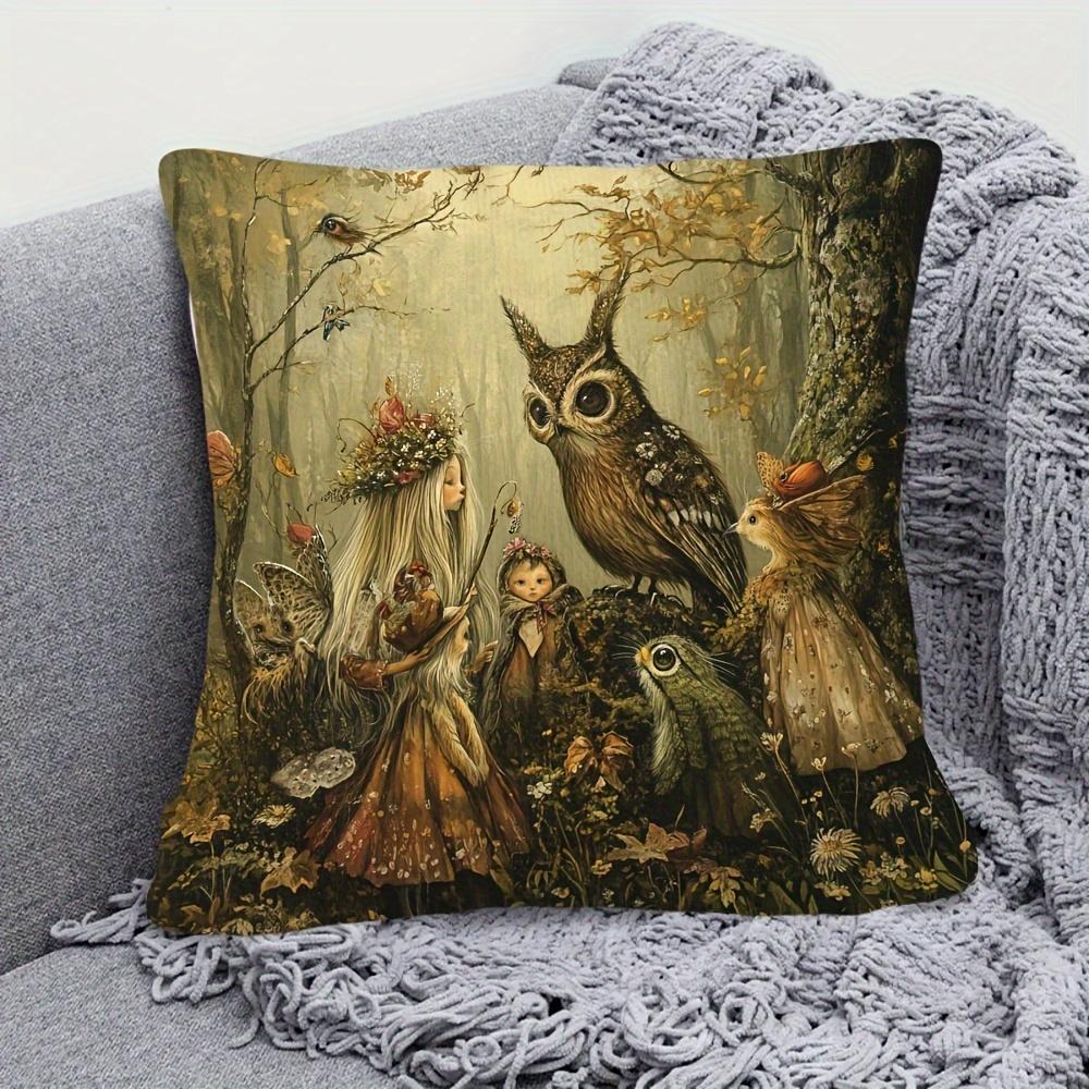 Vikama Enchanted Forest Folk-Style Pillowcase Whimsical Owl Autumn Scenery Decorative Sofa Cover Cushion Case
