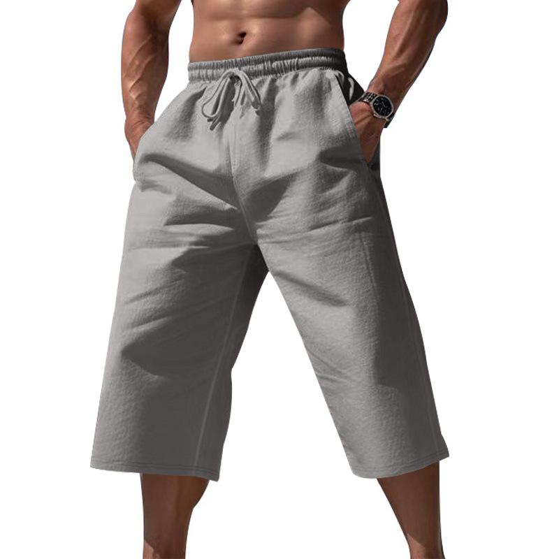 Breathable Lightweight Men Linen Cropped Capri Pants, Elastic Waist Drawstring Wide Leg 7/8 Shorts, Multi Color Casual Beach Pocket Trousers