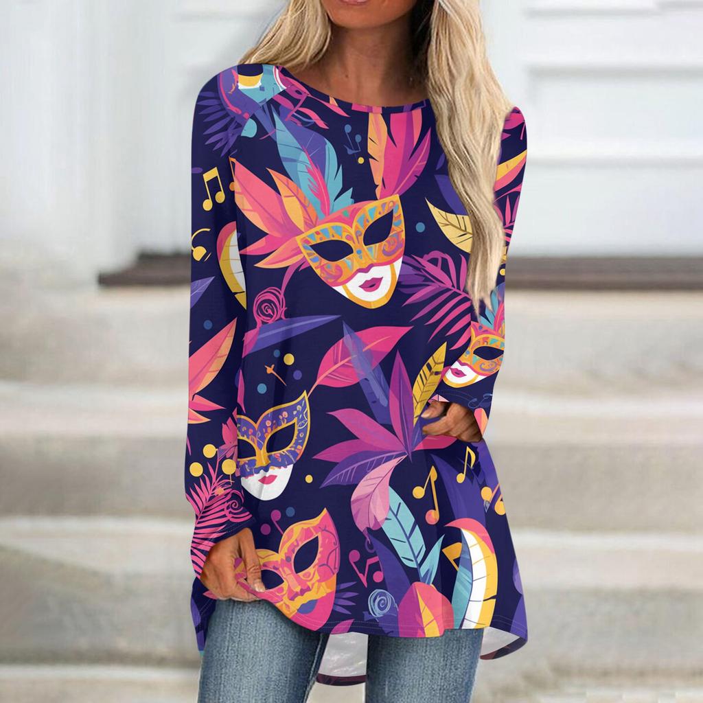 Women's Fashionable Round Neck Raglan Long Sleeved Carnival Printed Casual Pullover Top