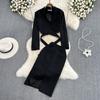 Women's Autumn Suit Collar High Waist Short Lace-Up Coat Two Piece High Waist Mid Length Split Skirt