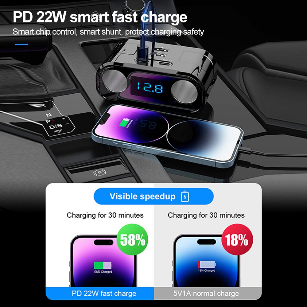 Car Socket Splitter Plug LED PD QC3.0 USB Fast Charger 4 Port Socket 12V/24V with Voltmeter Extension Cable