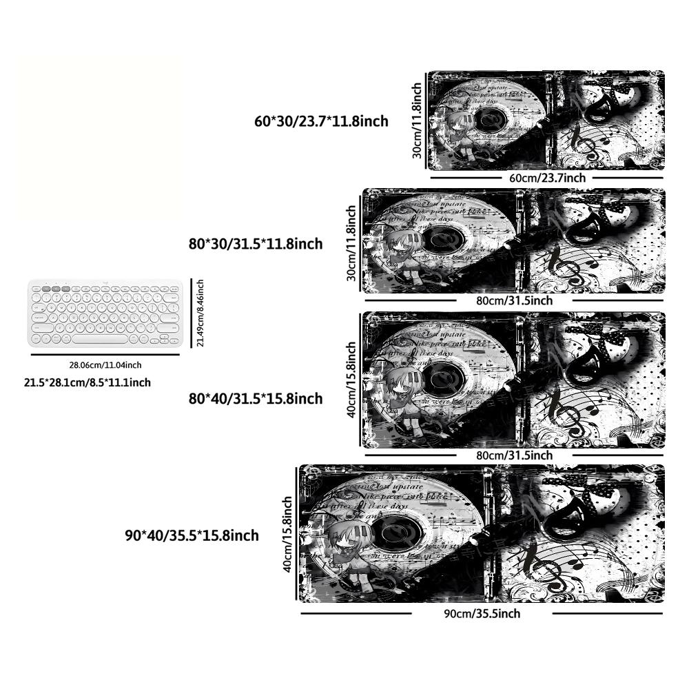 XXL Gaming Mouse Pad Monochrome Music Note Anime Floral Text Pattern Deskmat Non-Slip Rubber Keyboard Mat Art Desktop Table Mat