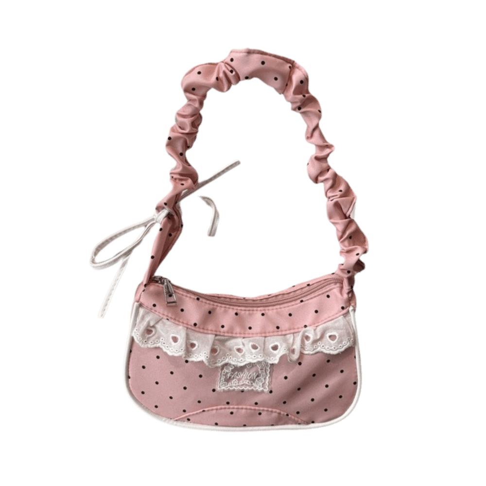 Lace Polka Dot Shoulder Bag Drawstring French Stick Handbag Y2K Pleated Underarm Bag Travel